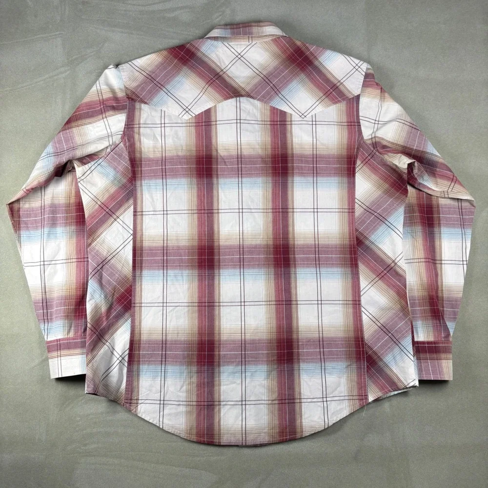 Wrangler American Cowboys Mens Plaid Western Pearl Snap Shirt Burgundy Tan XL - Picture 4 of 5